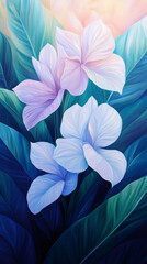 Aufkleber - Delicate white and purple blossoms highlighting intricate veining, nestled among lush green foliage with elegant botanical composition