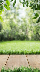 Poster - Empty wooden planks over green grass framing a blurred spring garden with green trees and leaves