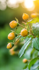Aufkleber - Delicate yellow rosebuds emerging from leafy branch, bathed in soft spring sunlight