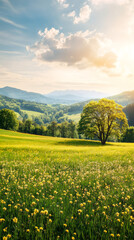 Poster - Beautiful mountain landscape with a lonely tree standing in a field of wildflowers at sunset