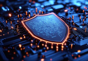 Wall Mural - digital shield symbolizing cybersecurity protection on futuristic circuit board with led lights and 