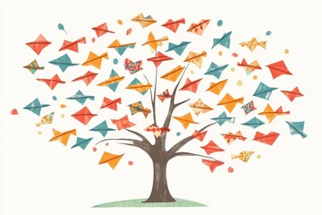 Wall Mural - colorful paper airplanes representing leaves growing from a tree