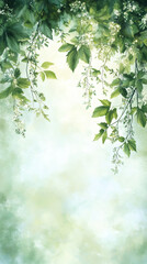 Poster - Watercolor painting of green leaves and white flowers hanging over a bright green background, creating a natural and elegant frame