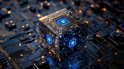 Aufkleber - A cube made of electronic components with a blue light on it