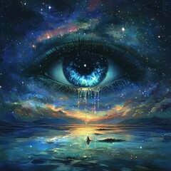 Wall Mural - a cosmic eye depicts a starry sky reflected in serene water