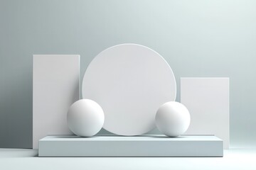Aufkleber - A white square and two white spheres are on a blue shelf
