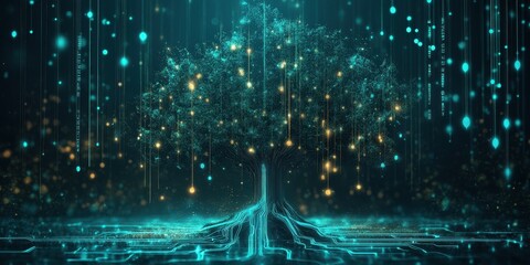 An artistic illustration of a glowing data tree with roots
