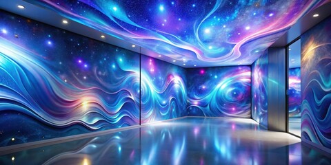 Wall Mural - serene cosmic nebulae wall and ceiling mural design in an empty room with a reflective floor and doo