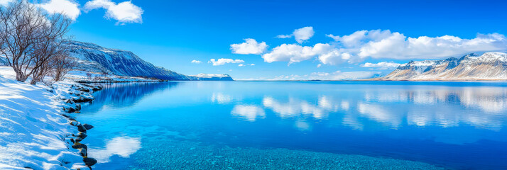 Aufkleber - Stunning winter landscape showcasing a clear blue lake and snow-capped mountains under bright blue skies
