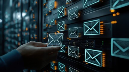 Poster - A person is holding a cell phone in front of a computer monitor that has many em