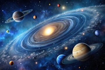 Wall Mural - a mesmerizing cosmic panorama showcasing a vibrant spiral galaxy, encircled by a diverse collection 