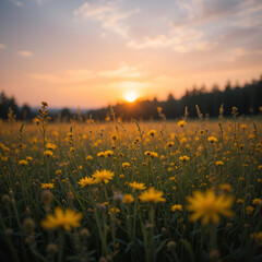 soft focus sunset field of yellow flowers and grass meadow with blurred forest background, sunset, f