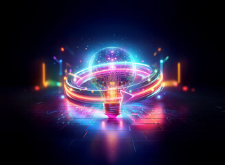 Wall Mural - vibrant double exposure image featuring a glowing sphere encircled by neon rings on a dark backgroun