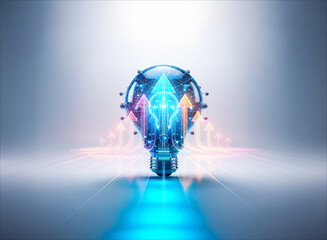 Wall Mural - double exposure art: a light bulb with glowing arrows inside, symbolizing bright idea generation and