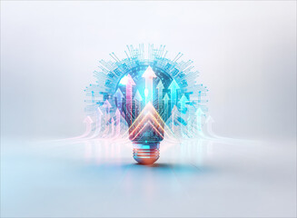 Wall Mural - a double exposure image presents a luminous light bulb with dynamic upward arrows and a circular rad