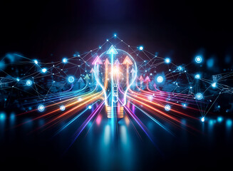 Wall Mural - a glowing light bulb with vibrant lines and network patterns creates a double exposure effect agains