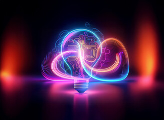 Wall Mural - a vibrant double exposure of a glowing lightbulb with circuit board lines, illuminated in neon pink 