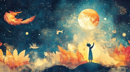 Wall Mural - A child looks up at the moon in a starry night sky