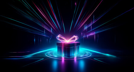 Poster - a luminous gift box emits vibrant neon rays in the dark. pink and blue lights burst from the wrapped