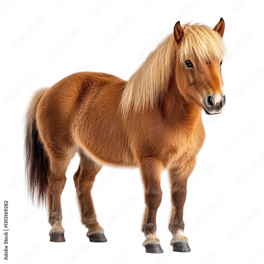 Cute brown Shetland pony horse, full body length portrait, isolated