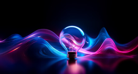 Wall Mural - a luminous light bulb is encircled by vivid pink and blue neon waves against a dark backdrop. reflec