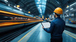 © Stock Media Labs - An engineer in hard hat holds tablet while observing speeding train