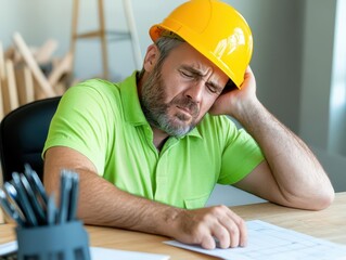 Poster - Dedicated construction worker in safety gear focused on building project with tools and materials surrounding him