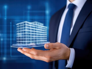 Aufkleber - Professional man holding a tablet displaying a detailed house model with a modern design in a bright office environment