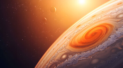 Wall Mural - stunning view of jupiter's swirling atmosphere, illuminated by a bright sun. two moons are visible i