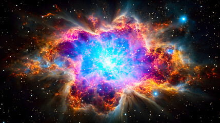 Wall Mural - a vibrant nebula explodes with color in this cosmic image. intense blues, oranges, and purples swirl