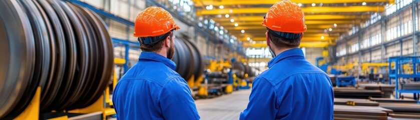 Leinwandbilder - Two men working together in industrial factory environment focused on task at hand with equipment and machinery