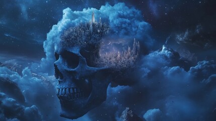 Fototapete - A dreamlike depiction of a skull formed by clouds with a hidden cityscape embedded within, set against a starry night sky for a surreal and mysterious atmosphere.. AI Generation