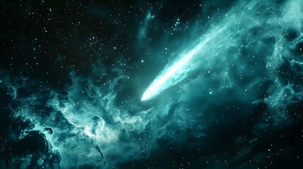 Wall Mural - a vibrant teal comet streaks across a dark, nebular space, its luminous tail illuminating the cosmic