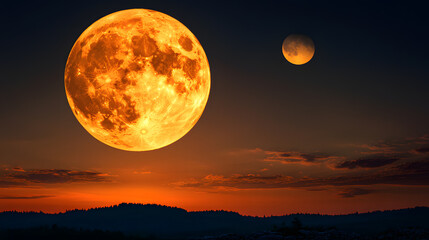 Wall Mural - a giant orange moon dominates the sunset sky, casting an eerie glow on the silhouetted landscape. a 