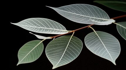 Wall Mural - Delicate translucent leaves on a branch against a black background. Ideal for nature themes