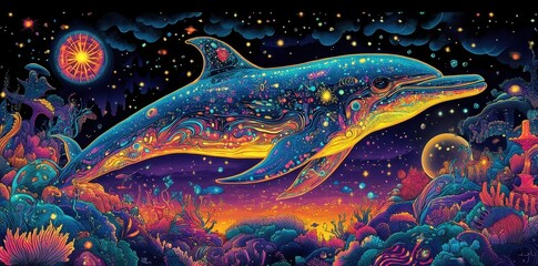Wall Mural - A Colorful Dolphin Swimming Through a Starry Illuminated Night Sky