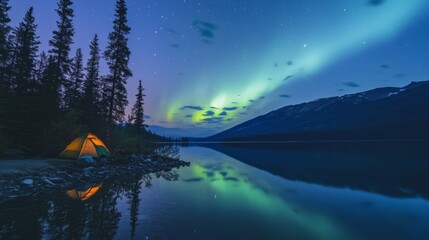 Wall Mural - The tent stands still, surrounded by the bright aurora, the warm lights from the tent, and the cold glow of the aurora against each other, creating a dreamlike and peaceful atmosphere.