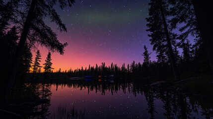 Wall Mural - The tent stands still, surrounded by the bright aurora, the warm lights from the tent, and the cold glow of the aurora against each other, creating a dreamlike and peaceful atmosphere.