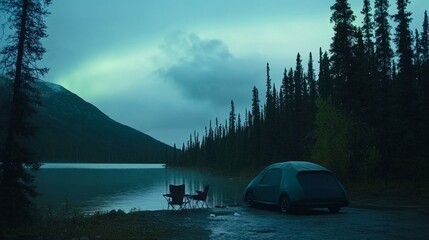 Wall Mural - The tent stands still, surrounded by the bright aurora, the warm lights from the tent, and the cold glow of the aurora against each other, creating a dreamlike and peaceful atmosphere.
