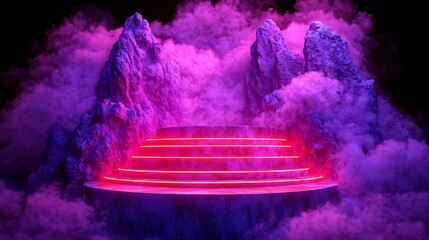Wall Mural - Pink Neon Steps on Rocks in Smoky Mountain Scene