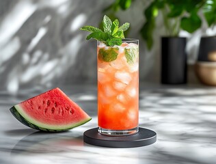 Poster - Vibrant watermelon mojito with crushed ice and mint on a stylish kitchen background : Generative AI