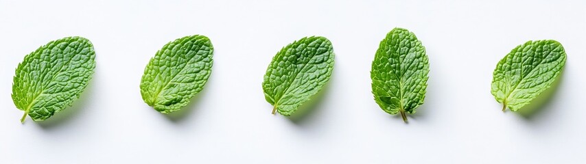 Poster - Five vibrant green mint leaves lined up displaying texture and freshness for culinary applications : Generative AI