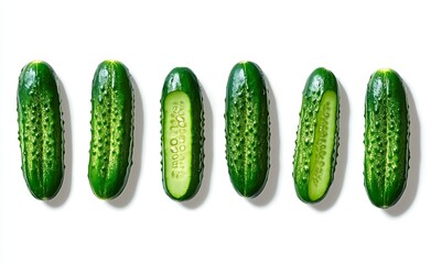 Poster - Fresh green cucumbers displayed artistically with one sliced in half revealing the juicy interior on a white background : Generative AI