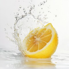 Aufkleber - Single Lemon Slice Making a Splash in Clear Water Against a Bright Background : Generative AI