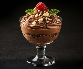 Aufkleber - Indulgent chocolate mousse dessert topped with raspberry and nuts in a clear glass cup : Generative AI