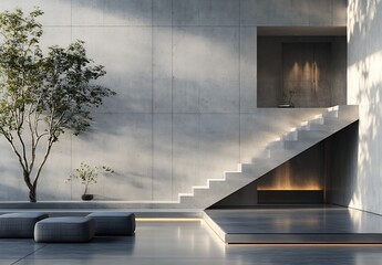 Aufkleber - Modern minimalist interior design featuring a sleek staircase with natural light and greenery : Generative AI