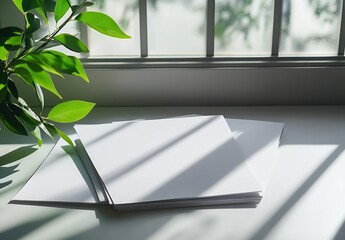Fototapete - Fresh green leaves next to stacked white papers illuminated by natural light : Generative AI