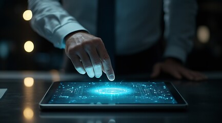 Fototapete - Close up of a finger tapping on a glowing tablet screen with data graphics in a dimly lit modern workspace : Generative AI