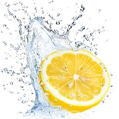 Aufkleber - Lively Lemon Slice Surrounded by Water Splashes Capturing Refreshing Citrus Vibes : Generative AI