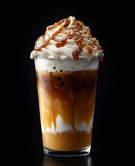 Aufkleber - Frosty coffee drink topped with whipped cream and a drizzle of caramel in a stylish glass for a sumptuous treat : Generative AI